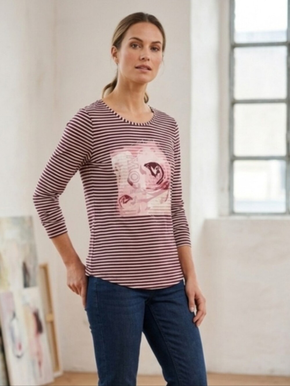 Olsen Striped Long Sleeve Top Jewelled with Floral Print Cotton size M